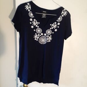 premise knit top shirt blouse s small cotton summer embroidered boho split neck